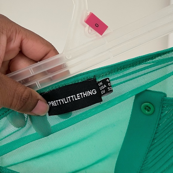 Bright Green Mesh Ruched Panel Long Sleeve Crop Top and Mini Skirt Set - Picture 3 of 5